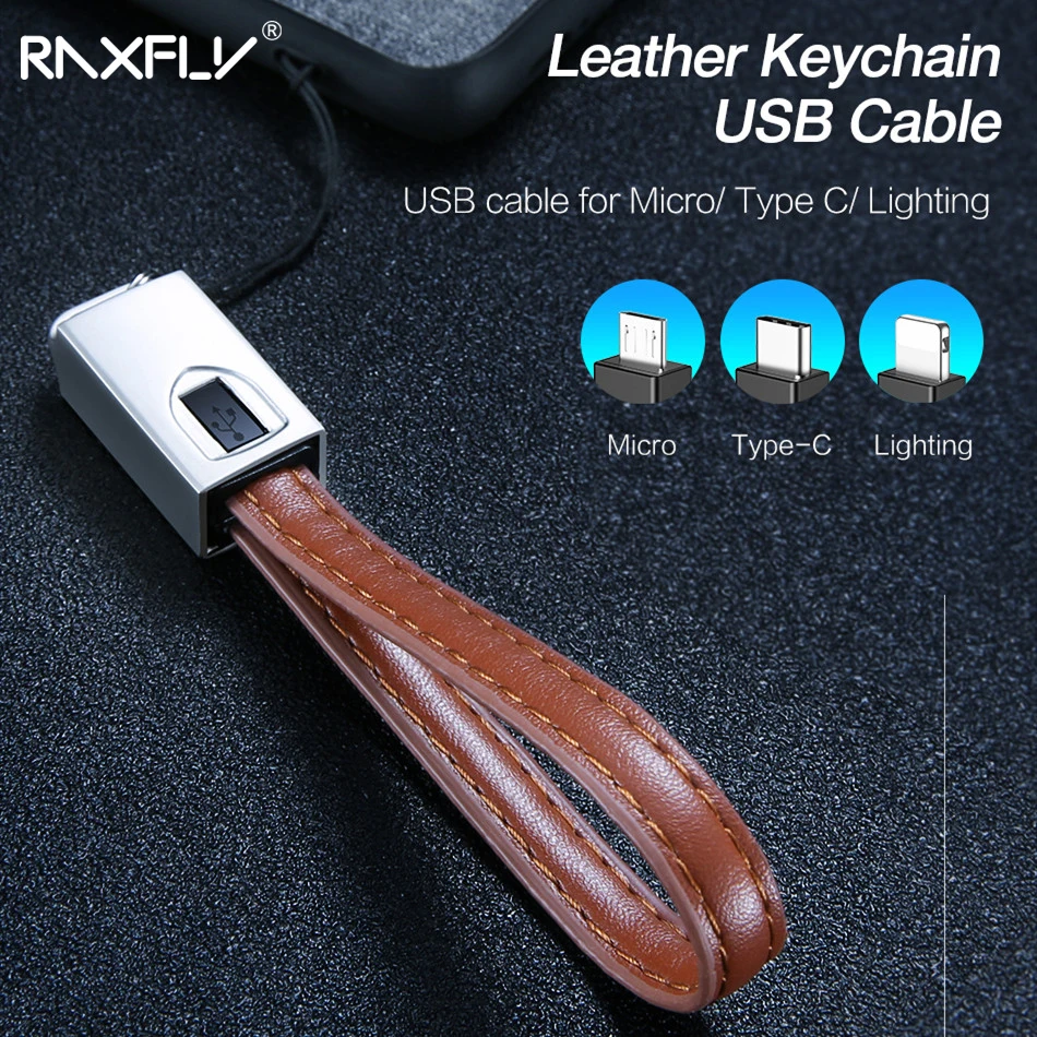 RAXFLY Leather Keychain Ring Microusb USB Cable For Saumsung Xiaomi