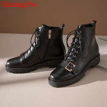

Krazing Pot genuine leather fashion metal belt buckle side Zipper lace up round toe med heels winter women warm ankle boots L56