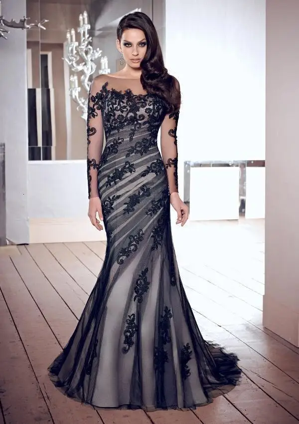 Черное вечернее платье с аппликацией, сексуальный вырез «сердечко», длинный рукав, вырез сзади, Русалка длинное строгое платье, Халат