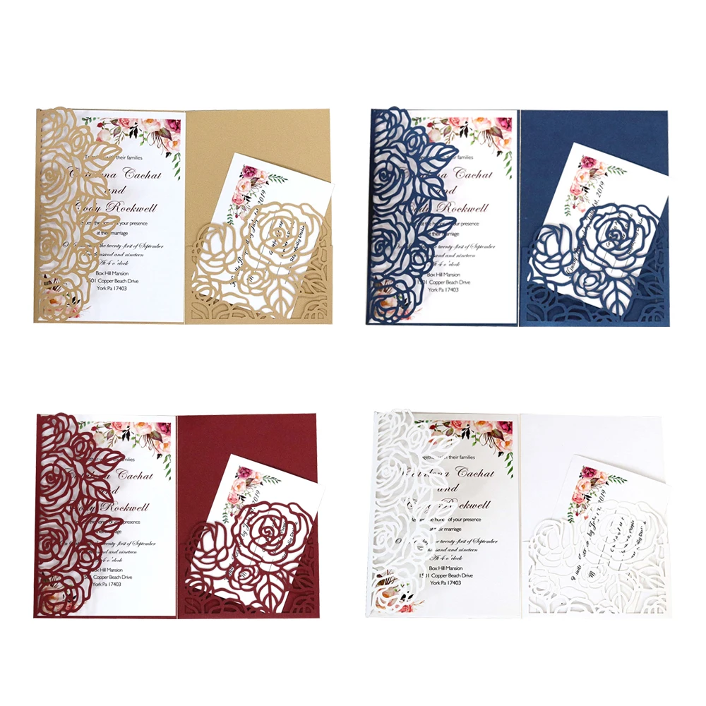  10Pcs Wedding Invitation Cards Floral Laser Cut Paper Cover Craft Envelopes Set - 4000077928276
