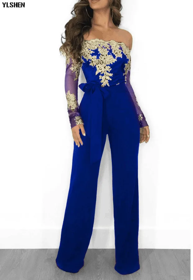 Women Jumpsuit Sexy Lace Ladies Jumpsuits Party Casual Wide Leg Overalls Off Shoulder Long Sleeve Romper Skinny Rompers Trousers 05