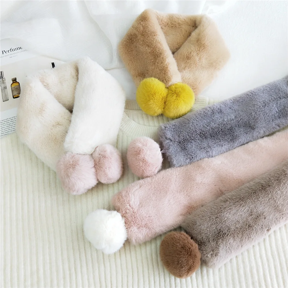 

New Faux Fur Collar Neck Warmer Plush Scarf Soft Thicken Pompom Scarves 1PC Solid Color Women Scarf Double Fur Ball Snood Scarf
