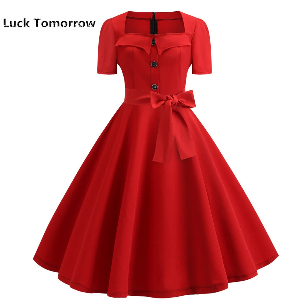 Ретро платье в горошек для женщин 2019 летнее элегантное винтажное с квадратным