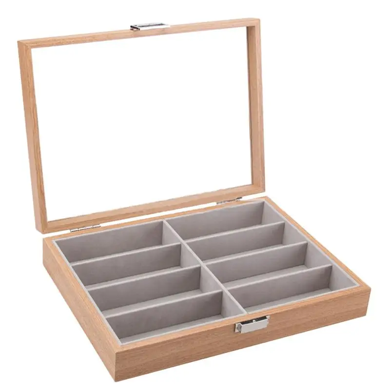 

8 Slot Wooden Eyeglass Box Sunglass Storage Container Inner Felt Pad Glasses Display Case Transparent Glass Window Storage