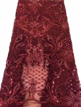 

Factory offers new arrivals Nigerian lace fabric hand made beaded tulle lace fabric for 2020 African Evening Dresses lace Wine