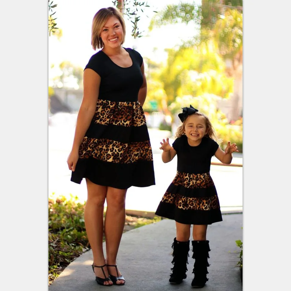 

Amazon WISH2019 Spring And Summer Hot Selling New Style Europe And America Short Sleeve Leopord Pattern Splicing Dress Parent-ch