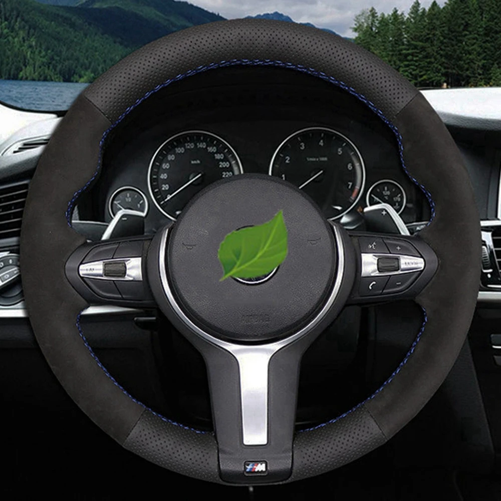 Black Genuine Leather Suede Car Steering Wheel Cover For BMW M Sport black-genuine-leather-suede-car-steering-wheel-cover-for-bmw-m-sport