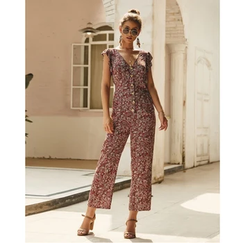 

Floral Print Jumpsuits Women Long Pants Deep V Neck Wide Leg Pants Short Sleeve Ruffle Rompers Loose Summer Jumpsuits