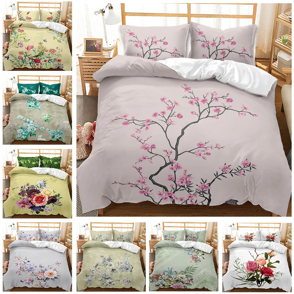 

Flower Printed Bedding Sets Quilt Covers Nordic Duvet Cover Set Bedclothes King Queen Size Comforter Cover Set with Pillow Shams