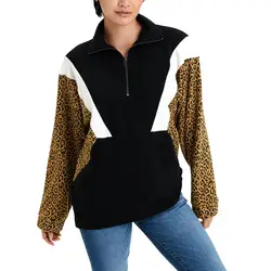 2019 Женская толстовка Модный женский многоцветный лоскутный Свитшот Леопардовый принт черно-белый топ с отворотом Повседневная