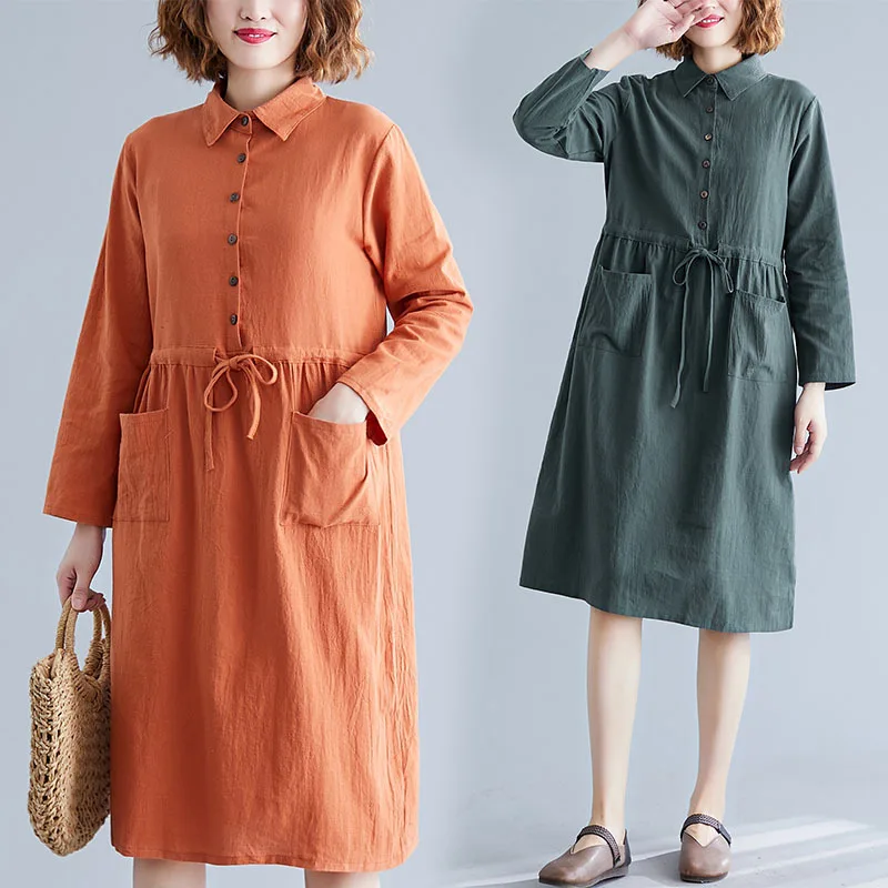 

Autumn New Style 2019 Korean-style Loose And Plus-sized WOMEN'S Dress Fashion Comfortable Flax Solid Color Shirt Dress