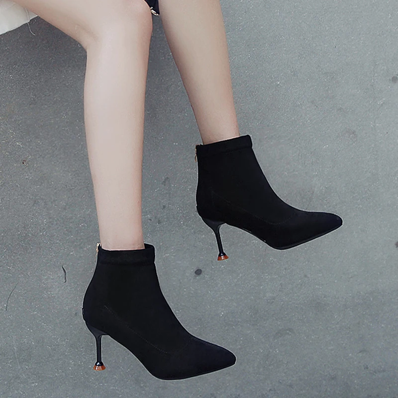 

Elegant Point Toe Middle Thin Heel Ankle Boots Women Autumn Flock Ladies Boots Woman Suede Zip Short Boot Botas Mujer