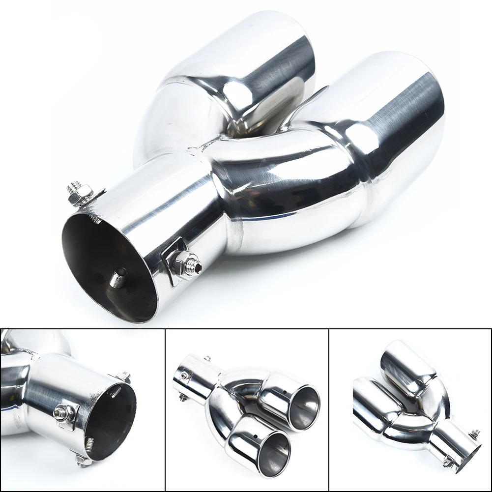 

63mm Stainless Still Round Inclined Tip Exhaust Pipe End Tail Parts Replacement Universal Dual Outlet Car Muffler