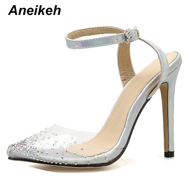 silvery Aneikeh стразы; женские Босоножки на каблуке из ПВХ; Туфли-гладиаторы с ремешком на щиколотке; модные летние женские туфли на высоком тонком каблуке с острым носком - Цвет: silvery