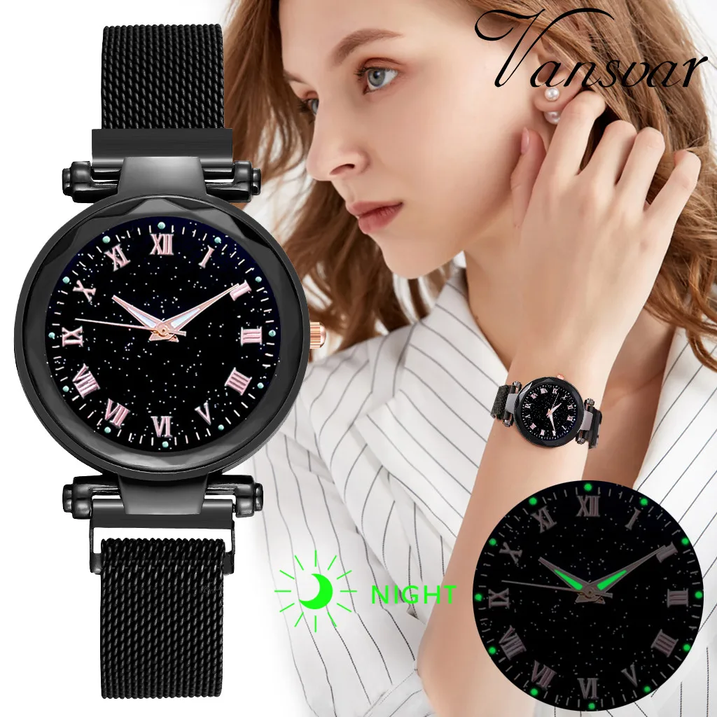 

High Quality Clock Fashion Simple Starry Dial Stainless Steel Mesh Belt Ladies Quartz Watch Wristwatch Clock Gift Dropship#8