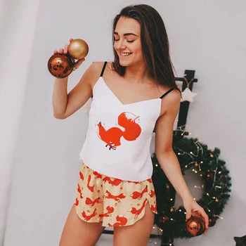 

HECHAN Running Fox Print Women Pajamas Sexy Satin Sleeveless V Neck Top Shorts Sleepwear Female Casual Nightwear Home Suit Sets