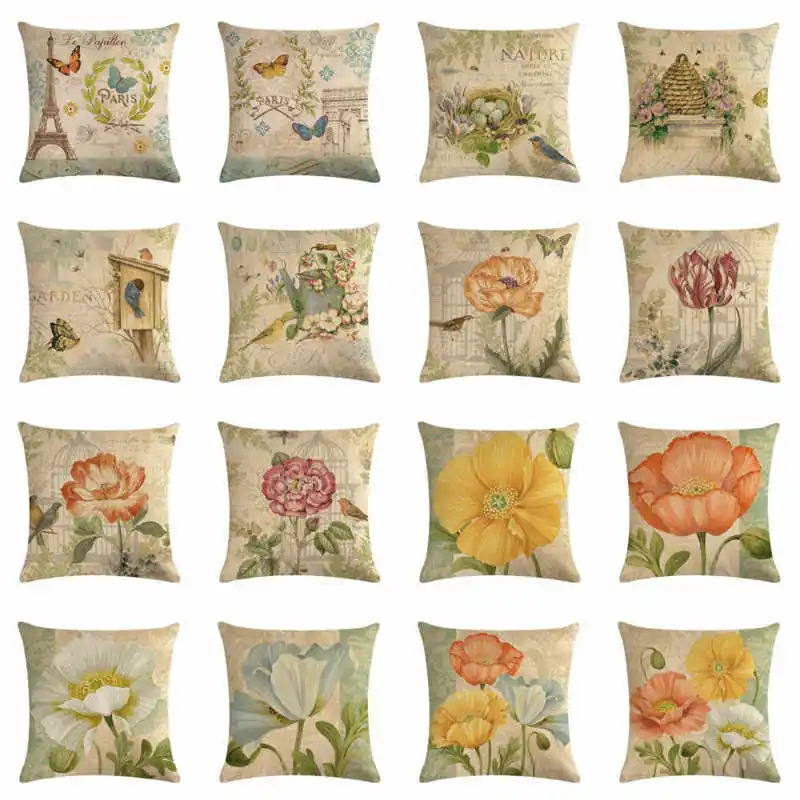 

Vintage Flower Butterfly Cotton Linen Sofa Pillow Case Cushion Cover Home Decor