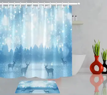 

Winter Season Forest Deers merry Christmas Shower Curtain Liner with Mat Set Waterproof Custom Bathroom For Kids Bathtub Decor