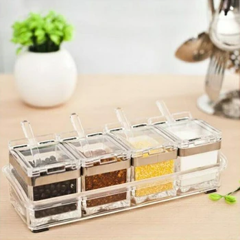 

Kitchen Seasoning Box Organizer Storage Boxes Spices Jar Transparent Condiment Container Sugar Salt Bottle with Spoon Cumin Box