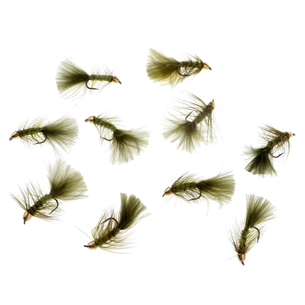 10pcs 1.8`` Olive Wooly Bugger Flies Bead Head Nymph Flies Insects Wet Flies with Artificial Feathers and Barbed Single Hook