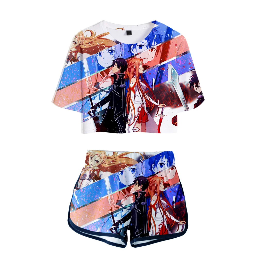 Sword art Online:Alicization 3D kawaii Navel Korean Sexy fashion Women's T-shirt + shorts suit cotton short-sleeved Sword art Online:Alicization 3D kawaii Navel Korean Sexy fashion Women's T-shirt + shorts suit cotton short-sleeved