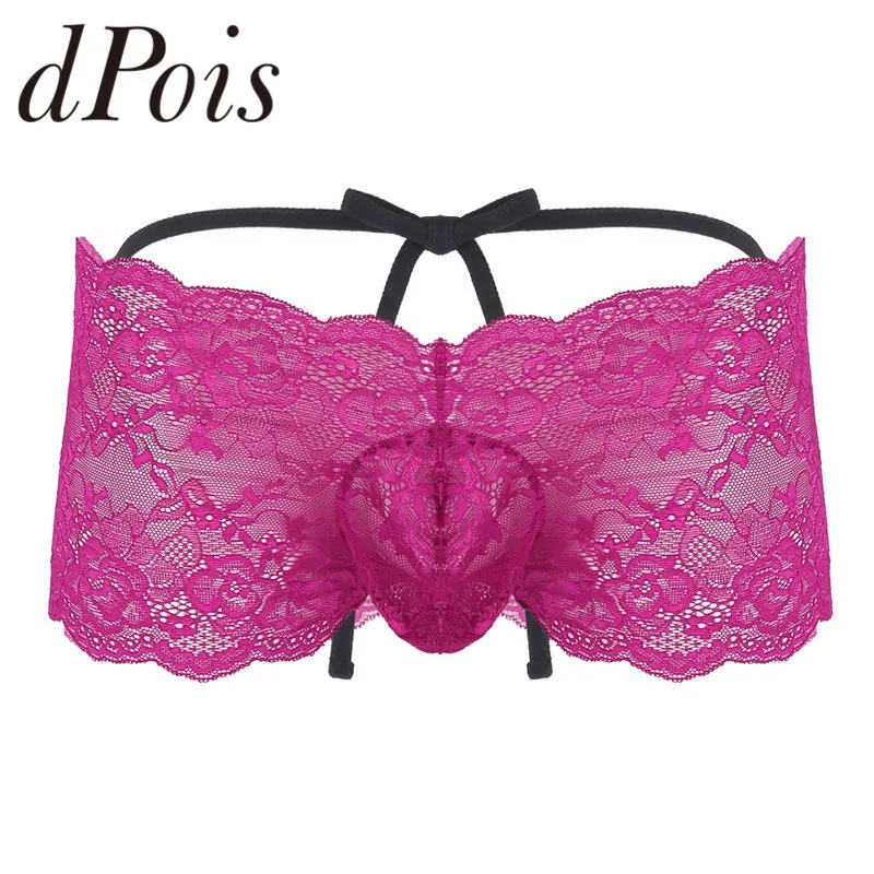 

Mens Ssisy Lingerie See Through Floral Lace Strappy Bulge Pouch Low Rise Jockstraps Sissy Bikini Briefs Underwear Gay Panties