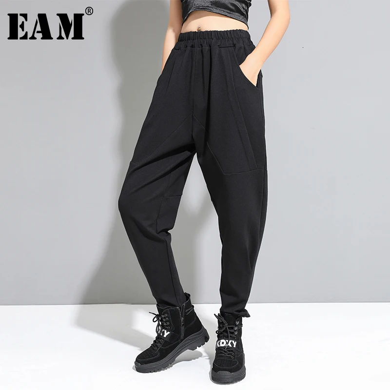 

[EAM] High Elastic Waist Black Leisure Long Harem Trousers New Loose Fit Pants Women Fashion Tide Spring Autumn 2019 1D678