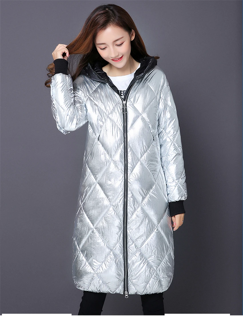 Зимняя куртка, Женское пальто, теплая тонкая Толстая длинная парка с капюшоном, Женское пальто из светящейся ткани, женские модные куртки M-2XL