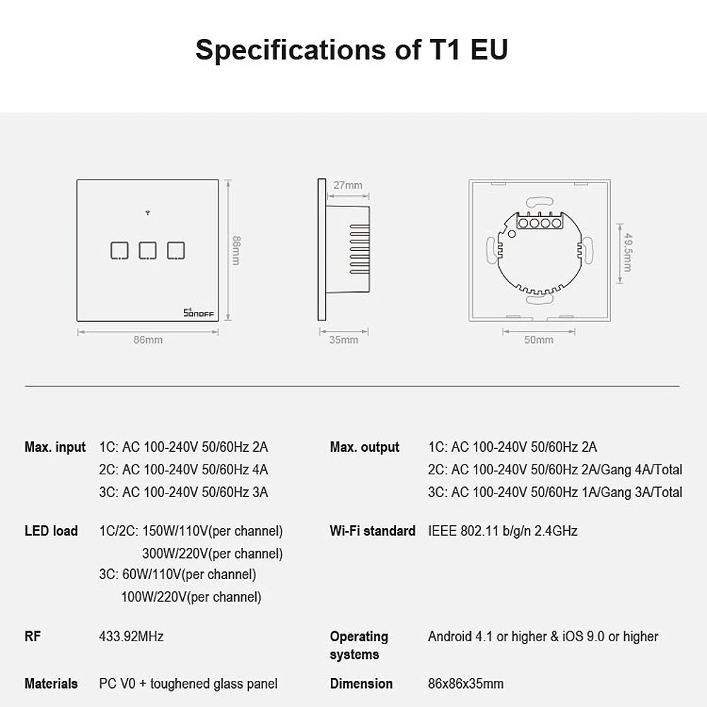 SONOFF T1EU1C-TX, 3 банды, умный WiFi настенный смарт-переключатель, 433 МГц, беспроводное управление, РЧ-пульт, сенсорное управление для дома Google