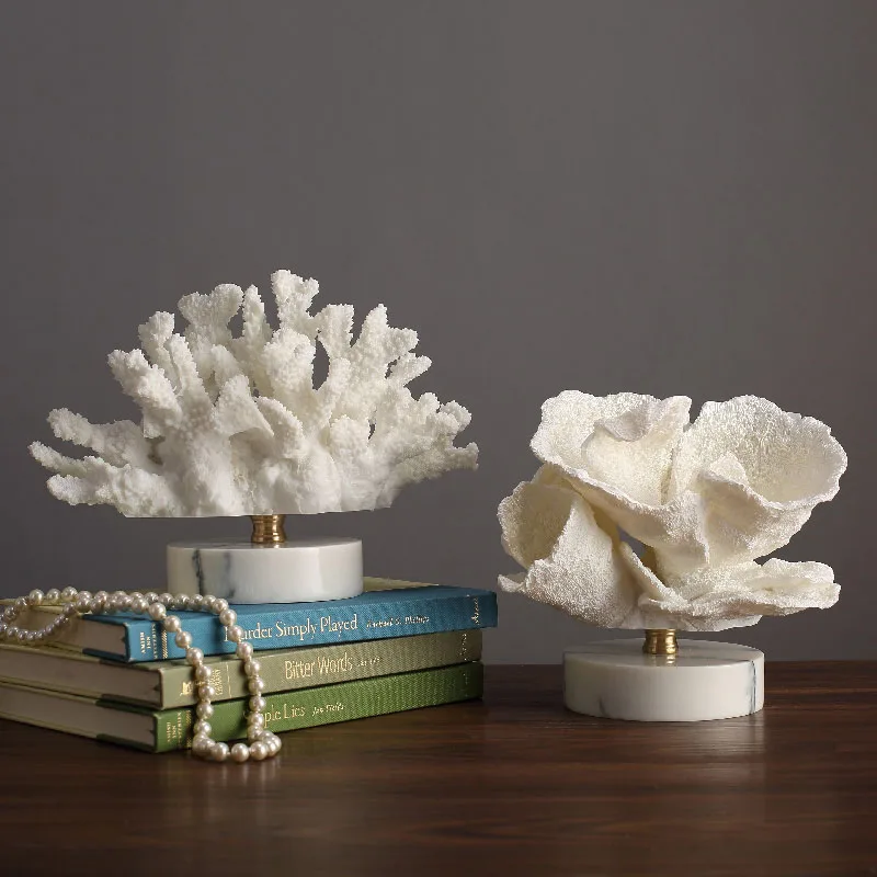 Nordic Luxury Simulation Coral Resin Figurines Crafts Marble Base Feng Shui Home room Table Ornaments Decoration Wedding Gifts | Дом и сад