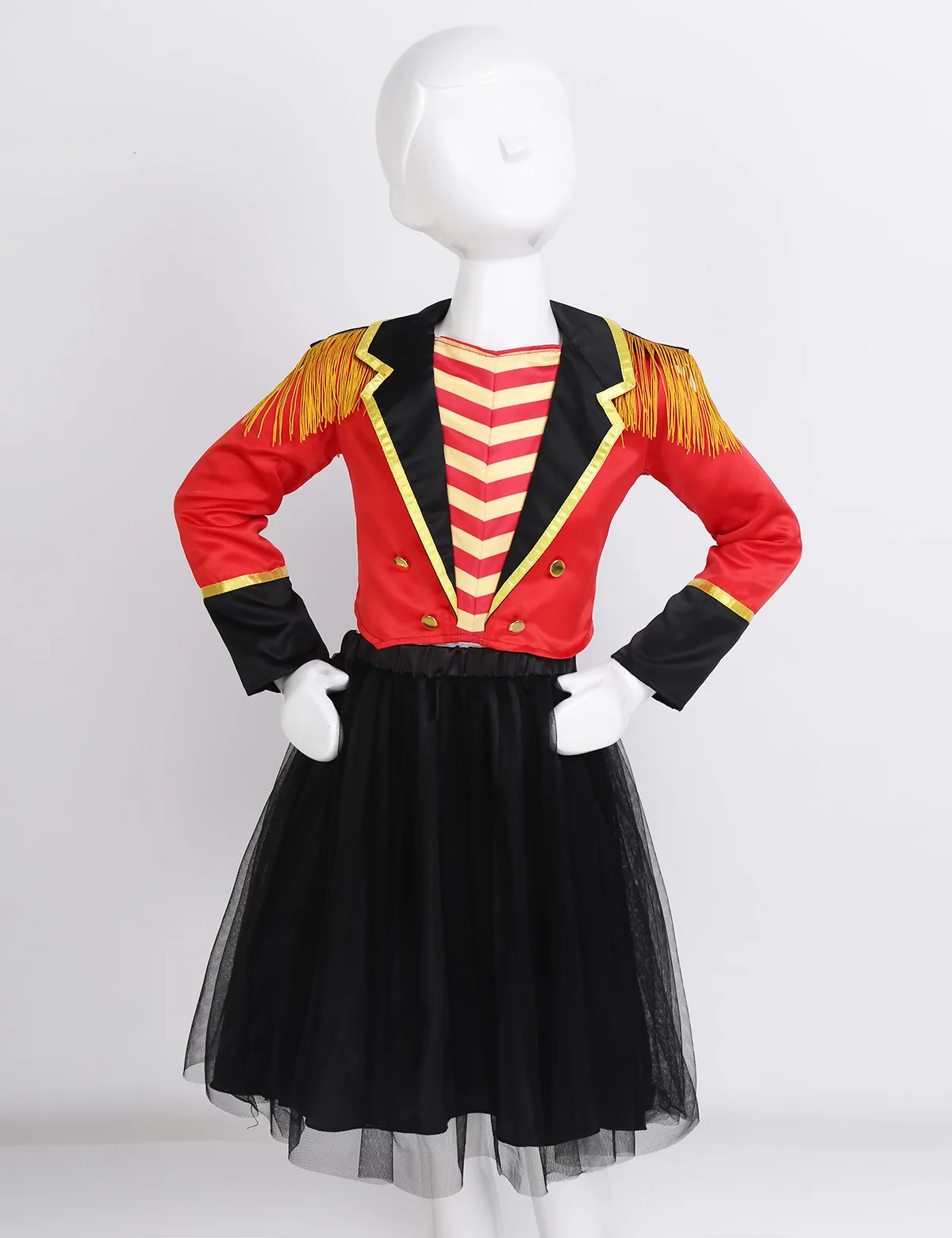 Детский костюм для девочек с изображением цирка, рингмейстера, костюм с длинными рукавами, с кисточками, куртка с эполетом и сетчатая юбка-пачка, комплект для Хэллоуина, карнавала