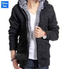 New Brand Cardigan Men Sweater Fashion Solid Thick Warm Sweaters Male Casual Hooded Winter Wear Fur Lining Christmas Sweater
