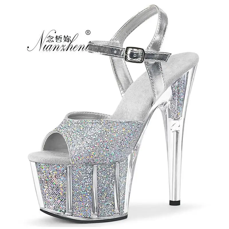 

Color Flash powder Bling Platform Buckle strap 15cm Stiletto heels Super Big Size Women's sandals 6 inches Models Party Novelty