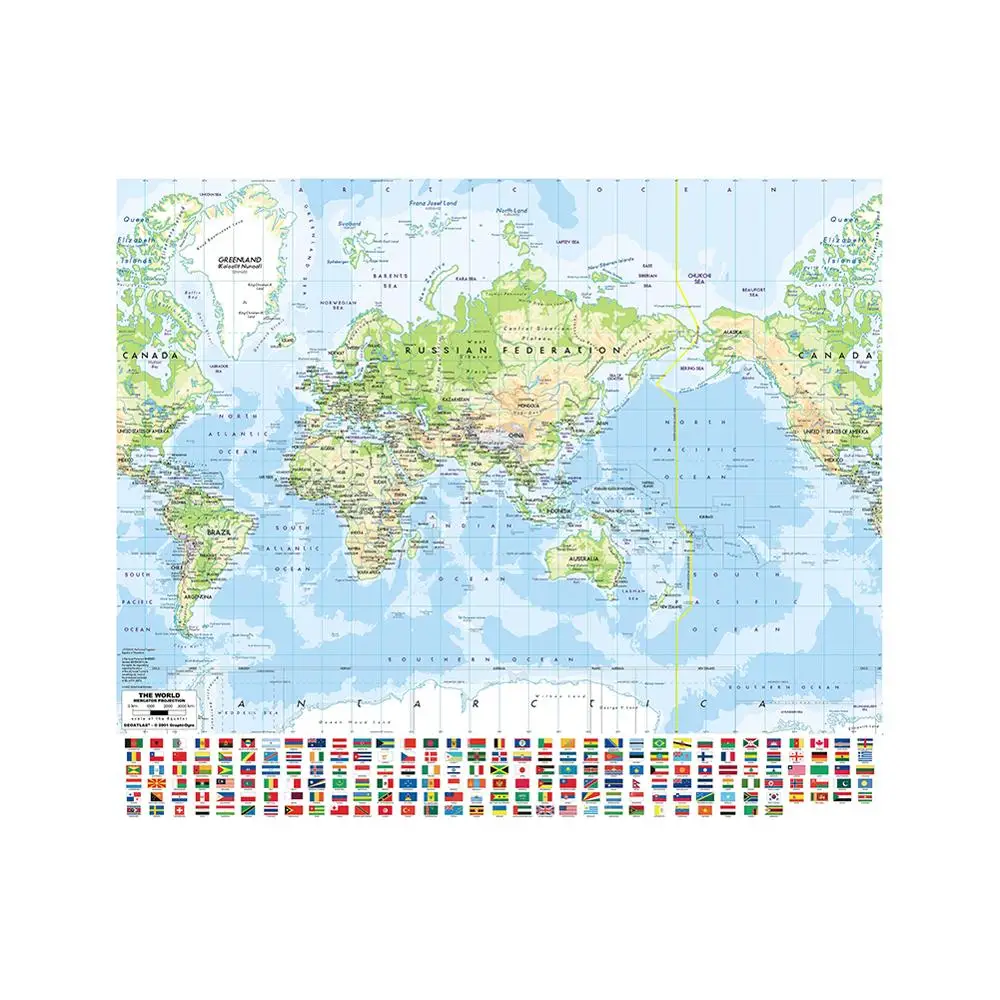 90x90 см меркатор проекция карта мира Нетканая печать карта мира с национальным флагом для образования