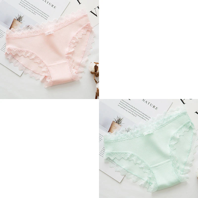 2PCS Women's Cotton Panties Female Lace Edge Striped Breathable Briefs Sexy Underwear Women Cotton Crotch Lingerie Intimates - Цвет: 10