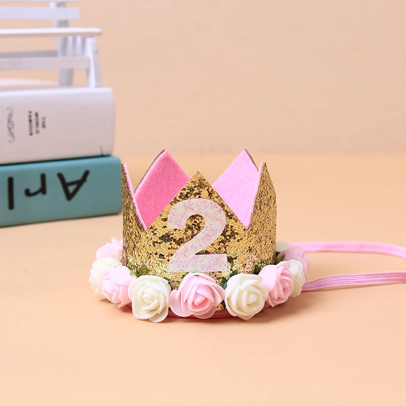 Pink 2 Baby Girl Boy One 1 2 3 4 5 6 7 8 9 years old hat crown headbands decoration For children birthday party decorations - Цвет: Pink 2