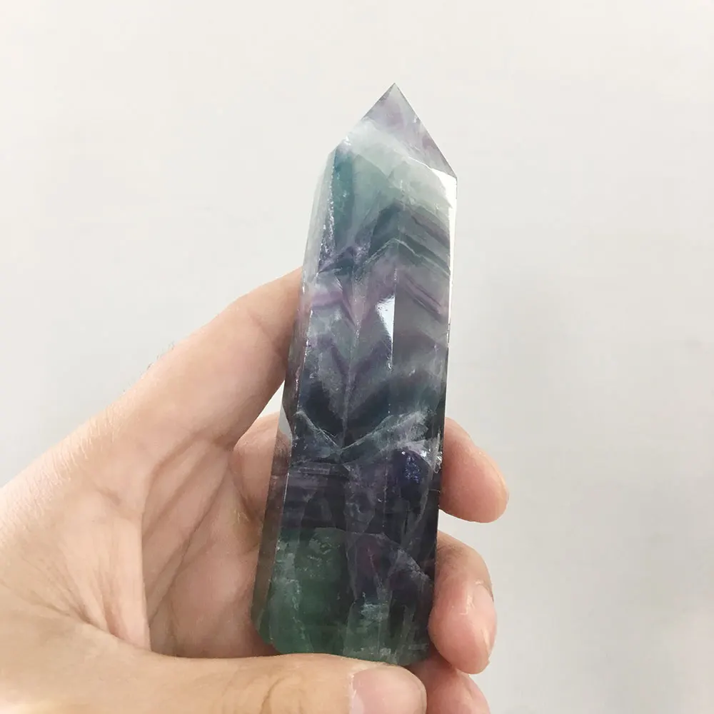 Natural Fluorite Crystal Colorful Striped Fluorite 4-6.5CM Quartz Crystal Stone Point Healing Hexagonal Wand Treatment Stone LP