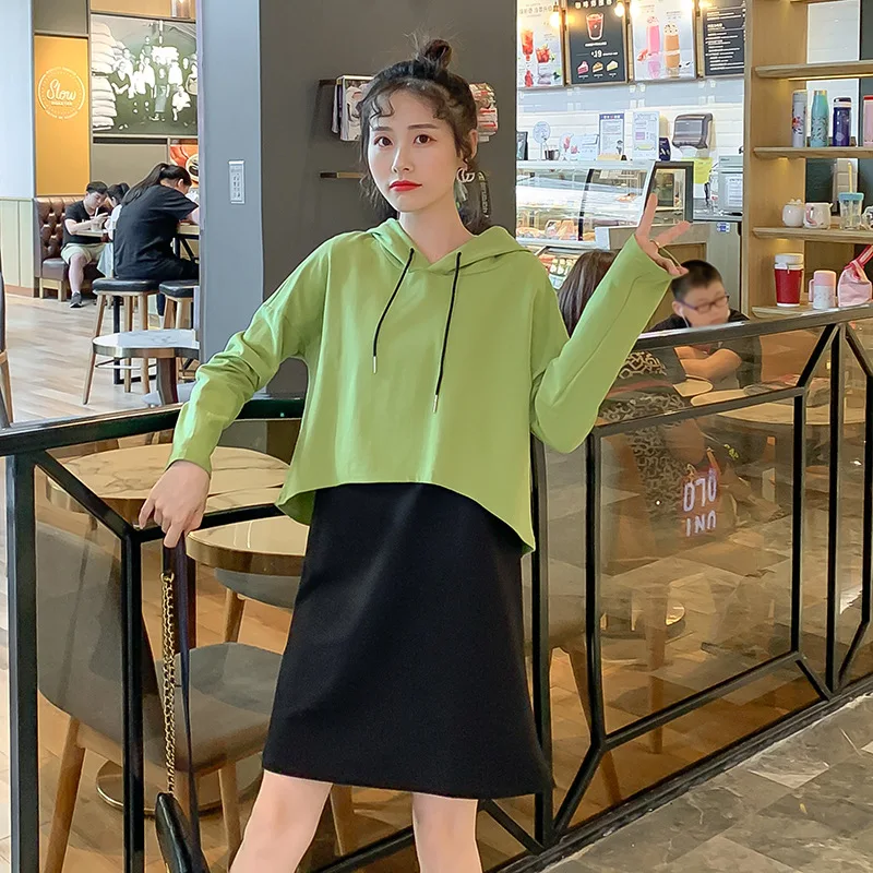 

Photo Shoot 2019 Autumn New Style Maternity Clothes Avocado Green Tops + Vest Dress Fashion Mom Large Size Two-Piece Set