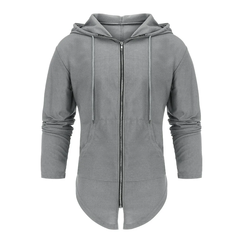 Gray Мужской однотонный Тренч с капюшоном, куртка с капюшоном, кардиган, верхняя одежда, длинное пальто, пальто, мужские толстовки, повседневные, открытая стежка, хип-хоп plowaszcz - Цвет: Gray