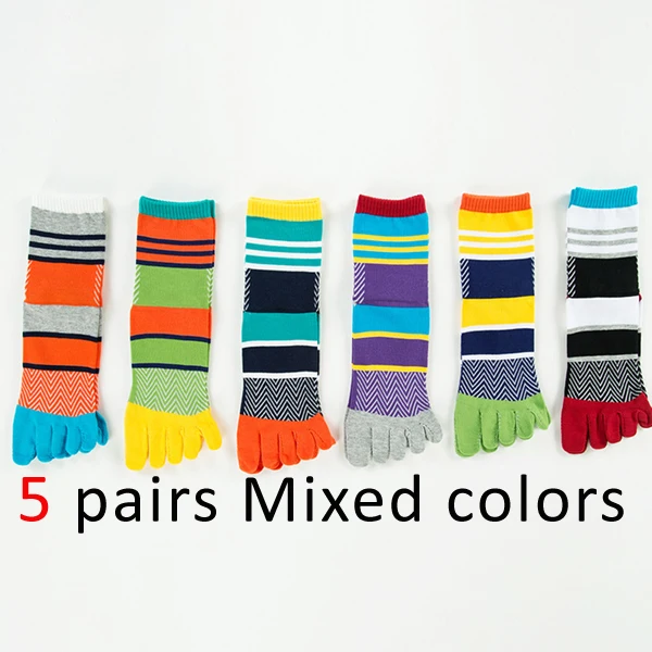 5 pairs/lot Mens Summer Cotton Toe Socks Striped Contrast Colorful Patchwork Men Five Finger Socks Free Size Basket Calcetines - Цвет: Многоцветный