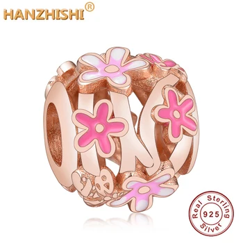 

Fit Original Fine Charm Bracelet 100% 925 Sterling Silver Beads Openwork Pink Daisy Flower Charm for Women DIY Jewelry