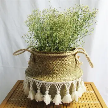 

Handmade Home Decor Macrame Tassel Wicker Basket Seagrass Garden Flower Pot Foldable Laundry Storage Rattan Basket Toy Holder