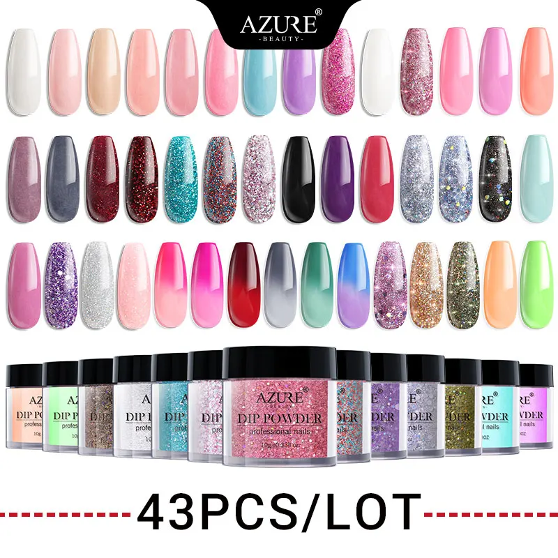 

Azure Beauty 43Pcs/Lot Full Set Glitter Dipping Powder Nail Holographic Dust Decor Set Chameleon Glow Pigment Dust Natural Dry