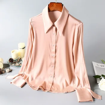 

Women Silk Blouse 2020 Spring Summer Solid Color Turn Down Collar Long Sleeves Classy European And American Boutique Women Wear
