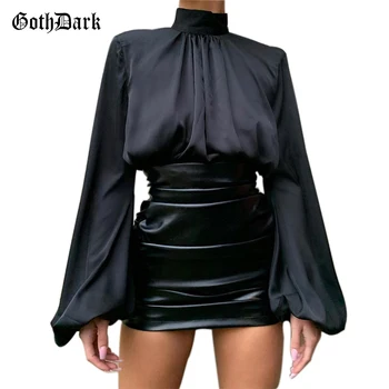 

Goth Dark Harajuku Plus Size Gothic Shirts Vintage Pleated Puff Longsleeve Winter 2019 Women T-shirts Solid Fashion Grunge Chic