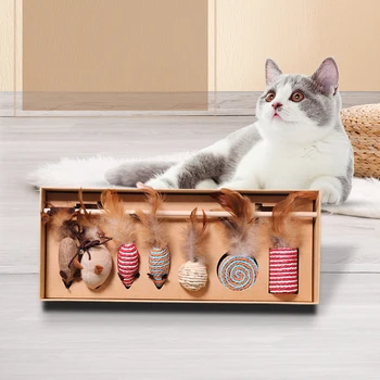 

7 Pcs Cat Funny Toy Set Cat Stick Simulation Mouse Fun Wooden Rod Feather Linen Wand Cat Toys Pets Interactive Toys Accessories