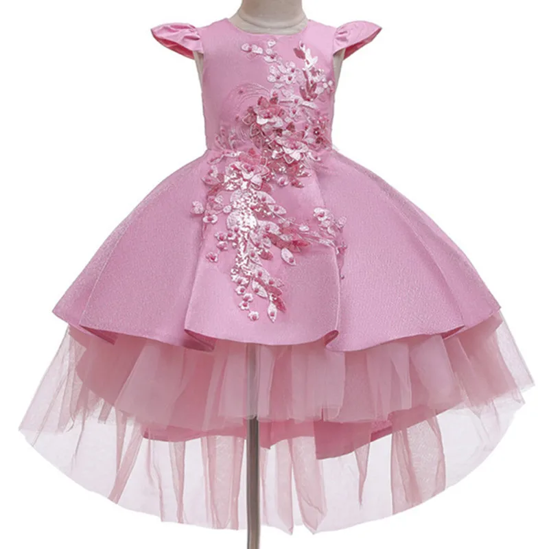 Детские Свадебные пушистые костюмы с цветочным рисунком для девочек; платье со шлейфом для девочек; платье принцессы для подиума; 3-12 лет - Цвет: Pink