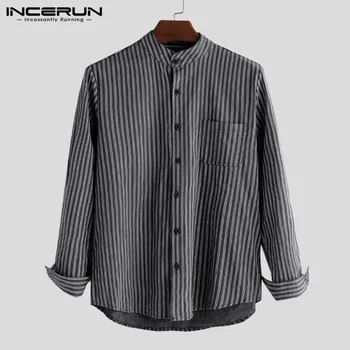 

INCERUN Men Striped Shirt Street Long Sleeve Chemise Button Harajuku Stand Collar Chic Loose Casual Brand Shirts Men S-5XL 2020