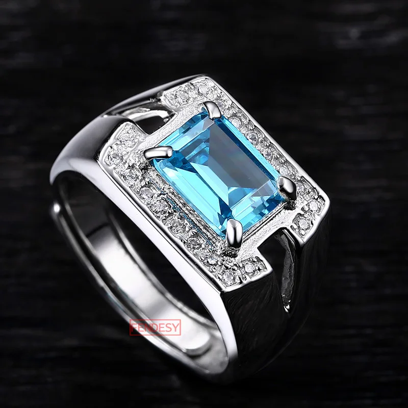 

Anna Pull S925 Silver Sea Blue Zircon Men Ring Korean-style Minimalist Version of Online Celebrity Live to Send Her Boyfriend Gi