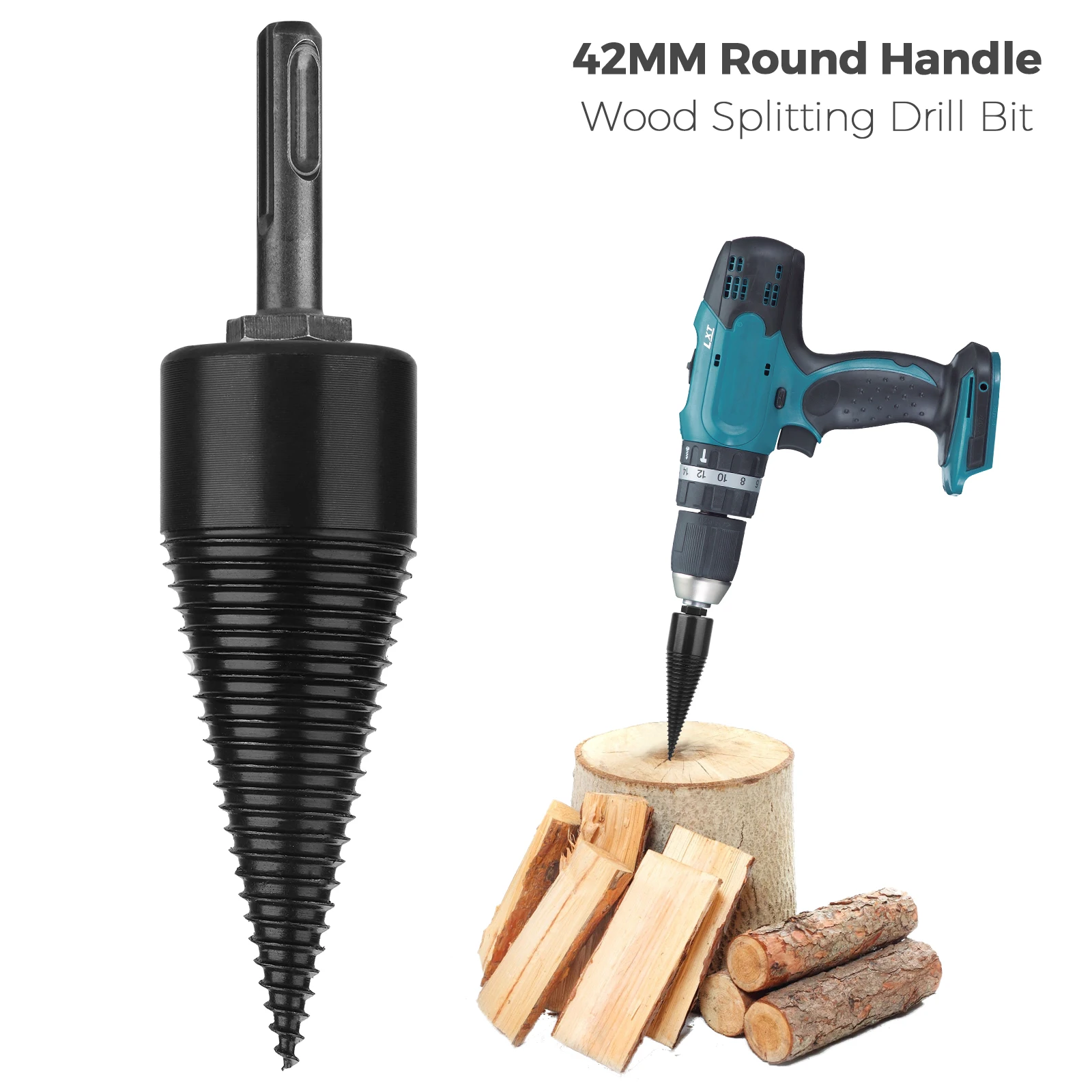 

32-50mm Firewood Machine Drill Wood Splitter Screw Cones Splitting Bit Anti-slipping Groove Firewood Log Round Shank Extension